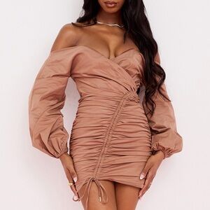 NWT House of CB Large Indra Brown Ruched Off-Shoulder Tan Mini Dress